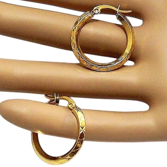 Crossed Ribbed Hoop Pierced Post Earrings Gold Tone Large Round Stainless Steel - Picture 6 of 13